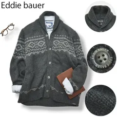 【ショールカラー 】 エディーバウアー Eddie bauer ウール ニット カーディガン 羽織り ジャケット L 総柄 グレー メンズ 男性用 トラッド アメトラ 