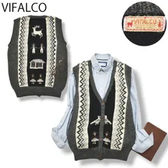 【レア】 ペルー製 ヴィファルコ VIFALCO ノースリーブ Vネック アルパカ ウール ニット ベスト グレー x ホワイト x ブラック レディース  民族柄 アメカジ♪
