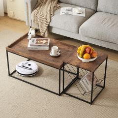 「大人気商品」全新品 センターテーブル 2点セット ローテーブル 北欧風 収納付きリビングテーブル サイドテーブル 木目調 モダン コンパクト 組み立て簡単 耐久性抜群【ブラウン】