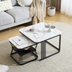 全新品 センターテーブル テーブル ローテーブル 大理石調 波紋 収納付き おしゃれ 入れ子式 正方形 2個セット 光沢感  組み合わせ自由【ホワイト（ブラック）】
