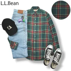 80s ヴィンテージ USA製 エルエルビーン L.L.Bean 長袖 フランネル シャツ ラウンドヘム シングルポケット S チェック柄 グリーン アウトドア アメリカン カジュアル ウェア メンズ