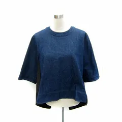 スカラー ScoLar iS ScoLar デニムカットソー プルオーバー 七分袖 ラウンドネック 切替 花柄 刺繍 オーバーサイズ M 紺 ネイビー 黒 ブラック /SY36