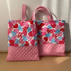 入園入学2点セット　ハンドメイド　レッスンバッグ　上履き入れ　キルティング　ハート　女の子