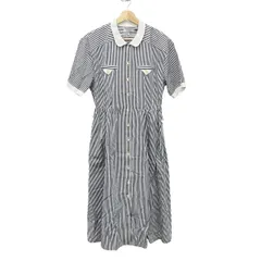 Leilian(レリアン) ワンピース サイズ9 M レディース - ネイビー×白 レギュラーカラー/半袖/ロング/ストライプ/シャツワンピ