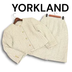 YORKLAND ヨークランド 秋冬★ 千鳥柄 ウール ツイード セットアップ ノーカラー ジャケット スカート Sz.9 レディース