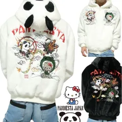 パンディエスタ/PANDIESTA ハローキティ/サンリオ ファージャケット パーカー 耳付きフード パンダ キャラクター アニメ 刺繍 メンズ/レディース ユニセックス アウター グッズ 通販 ブラック/ホワイト 風神雷神 サイズM-L-XL