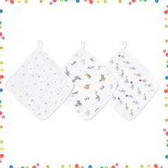 【在庫セール】aden + anais(エイデンアンドアネイ) エレファントサーカス ウォッシュクロス 3枚セット 27.5×27.5cm モスリンコットン ループ付き タオル 出産祝い ギフト WCADAEEWCC30017