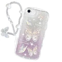 【新着商品】キラキラ 可愛い ちょう クリア ウェーブ TPUソフトケース ケース 透明 かわいい [グリッターカード&リストストラップ] 用 薄くて軽い スマホケース SE3/SE2/8/7 耐衝撃 携帯カバー アイフォン iPhone SE3用 クリアケー