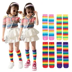 【数量限定】虹 しましま ボーダー ストライプ くつした 女の子 子ども カラフル レインボーカラー 2足セット ハイソックス 運動会 キッズ 靴下 [ZGKULAEAOW]