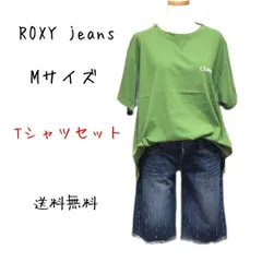 M【 ROXY / ロキシー 】 Tシャツ＆デニムハーフパンツ セットアップ Mサイズ グリーン×ネイビー 春夏 届いてすぐに着られる♪ T602_2402/021 2311/088