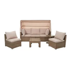 「02/22再入荷予定」パラソル付き ガーデンファニチャー 5点 ガーデン テーブル チェアー ラタン調 テーブル 家具 樹脂 楽組 ホテル カフェ ベランダ テラス 高級 テラス ソファ ガーデンソファー ガーデニング 新作