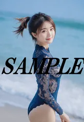 AIアート　海辺で佇む女性 / ネイビーレースアート　A4アートプリント作品　O-010