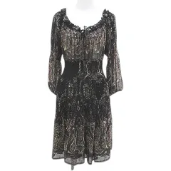 ザラ ベーシック ZARA BASIC 長袖 膝丈 フレアワンピース ワンピース M 黒系 ブラック シースルー 透け感 裏地 総柄