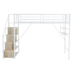 ホワイトロフトベッド シングルサイズ 木製 北欧風 片側手すり付き 収納スペース付き 省スペース 子供部屋 大人用 ベッドフレーム インテリア 家具 安全設計 組立簡単