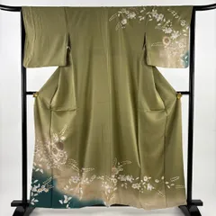 訪問着 身丈160cm 裄丈65.5cm M 袷 草花 逆さ雲取り 金銀彩 ぼかし 鶯色 正絹 秀品 【中古】