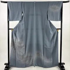 付下げ 身丈165.5cm 裄丈67cm M 袷 華文 ヱ霞 刺繍 ぼかし 青灰色 正絹 秀品 一つ紋 【中古】