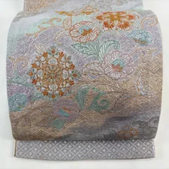 袋帯 秀品 華文 花唐草 金銀糸 箔 灰紫 六通 正絹 【中古】
