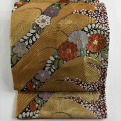袋帯 秀品 椿 波 金糸 箔 金色 六通 正絹 【中古】