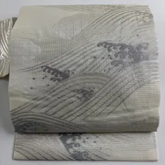 【美品】 名古屋帯 秀品 夏帯 波頭 銀糸 箔 クリーム 正絹 【中古】