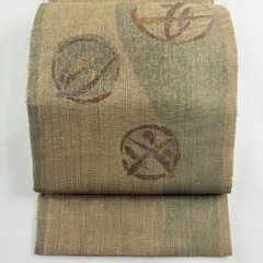 【美品】 袋帯 秀品 葉 実 箔 茶緑色 お太鼓柄 正絹 【中古】