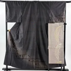 【美品】 訪問着 身丈156cm 裄丈67cm M 袷 名古屋帯セット 紬地 ひょうたん シルエット柄 黒灰 正絹 秀品 【中古】