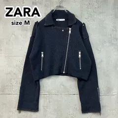 ZARA ザラ ライダースニットジャケット ジップアップブルゾン Mサイズ クロップド丈 変形デザイン 4WAY ケーブルニット ダークネイビー デニム風ステッチ ドロップショルダー ワイドスリーブ ★ ◇■