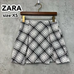 ZARA ザラ XS ツイード ミニスカート スカート 台形 フレア プリーツ 黒 白 ブラック ホワイト チェック 格子柄 モノトーン キュロット風 裏地付 モロッコ製 きれいめ 大人可愛い 上品 ★ ■■