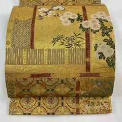 袋帯 美品 秀品 秋草 鶴 唐織 箔 金色 六通 正絹 【中古】