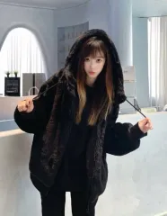 ブラック フード ファー ショート ジャケット S M L XL