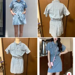ライトブルー ウエストマーク半袖ミニワンピース
