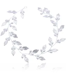 ヘッドドレス ウェディング 髪飾り リーフ パール 結婚式 成人式 卒業式 発表会 演奏会 ヘッドアクセサリー (Silver) [シルバー]