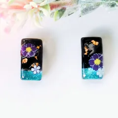 no.301　レジン　スクエア型　ブルー系　和柄　花　ピアス　イヤリング　ハンドメイド
