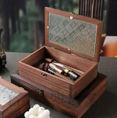 【新品・未使用】 ウッドボックス Sサイズ 木製 小物入れ 木箱 アクセサリーケース ジュエリーボックス アンティーク レトロ 蓋付き 海棠花 ガラス 収納ボックス 1点