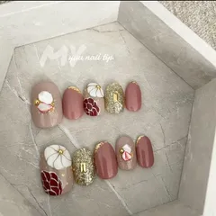 【No.109】現品　フラワーデザイン　成人式　ピンク　金箔　ネイルチップ