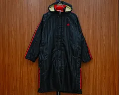 [NI]  adidas　アディダス　ベンチ コート　ロングコート　スポーツ　防寒　L　黒　赤ライン　フード付き　裏起毛　裏ボア　メンズ　ウィメンズ