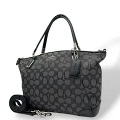 美品 コーチ ハンドバッグ 黒 ブラック シグネチャー 2way キャンバス レザー ショルダーバッグ トートバッグ 斜め掛け可 シルバー金具 ロゴタグ COACH 33737 T5