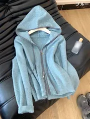 秋冬 レディース ニットパーカー カーディガン フード付き バイカラー ダブルジップ ゆったり リラックス ニットジャケット