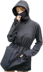ＺＡＩＤＥＡ UVカットパーカー ラッシュガード レディース 丈長め 顔まで ジップ つば付き 日焼け防止 速乾 通気性 ロング 長袖 体型カバー 水着 フード (ブラック,  LL)