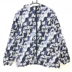 【美品】アドミラル フード付き中綿ジャケット ネイビー×白 英字ロゴ総柄 ファスナー横プリント  メンズ LL ゴルフウェア Admiral