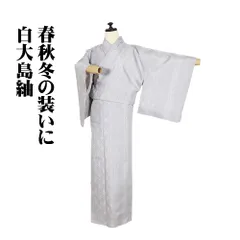 白大島紬 袷 正絹 ライトグレー 麻の葉 蚊絣 縦縞 Sサイズ ki31392 未使用品 レディース シルク ギフト カジュアル 送料込み