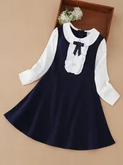 女の子 ワンピース ネイビー 長袖 120〜160 リボン Aライン 膝丈 春秋 フォーマル 卒園式 卒業式 入学式 発表会 お出かけ 可愛い プリンセス風 キッズドレス