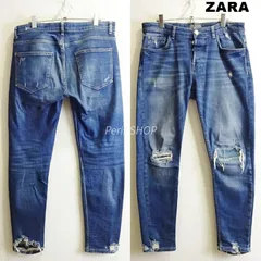 ZARA MAN　スキニーテーパードデニム　W86cm　ストレッチ　クラッシュリペア加工　メンズ　藍青　エジプト製　32　ザラ