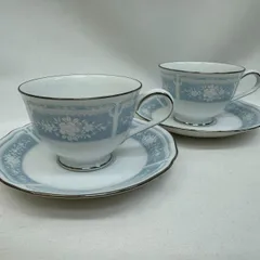 K【ヴィンテージ】ノリタケ レースウッドゴールド カップ＆ソーサー 2客セット ブルー 花柄