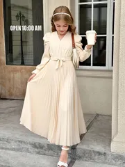 女の子 ワンピース 春秋 長袖 プリーツ ベルト付き ミディ丈 120〜160 フォーマル 入学式 卒園式 卒業式 発表会 パーティー プリンセス キッズ