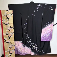 美品 トールサイズ 振袖＆袋帯セット 黒地 桜 紫グラデーション 身丈163cm 裄66cm 袖丈111cm ガード加工済み 正絹 推定 成人式 卒業式 フォーマル モダン 桜柄 ふりそでセット 振袖セット furisode kimono