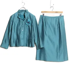 【極美品】レリアン★華やかスーツ ジャケット&スカート 大きいサイズ13+ 緑系 共布コサージュ付♪z16551