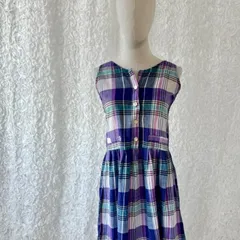 USA製 コットン100％ マドラスチェック ノースリーブ ワンピース 90s レトロデザイン パープル系 ゆったり 夏ワンピ