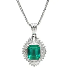 ネックレス エメラルドグリーン×プラチナシルバー 緑 ダイヤ エメラルド バゲットヘイローペンダント Pt プラチナム 【中古】