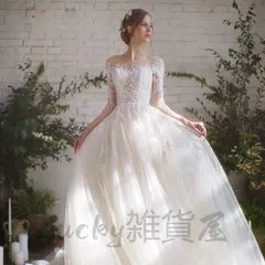 ドレス 新婦ドレス 長袖 シンプル 森系 ドラッグトレイン  結婚式