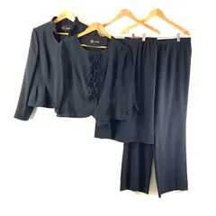 東京ソワール SOIR スーツ 4点セット カットソー ジャケット スカート パンツ フリル 肩パッド 裏地付き タグ付き 黒 17サイズ 967208